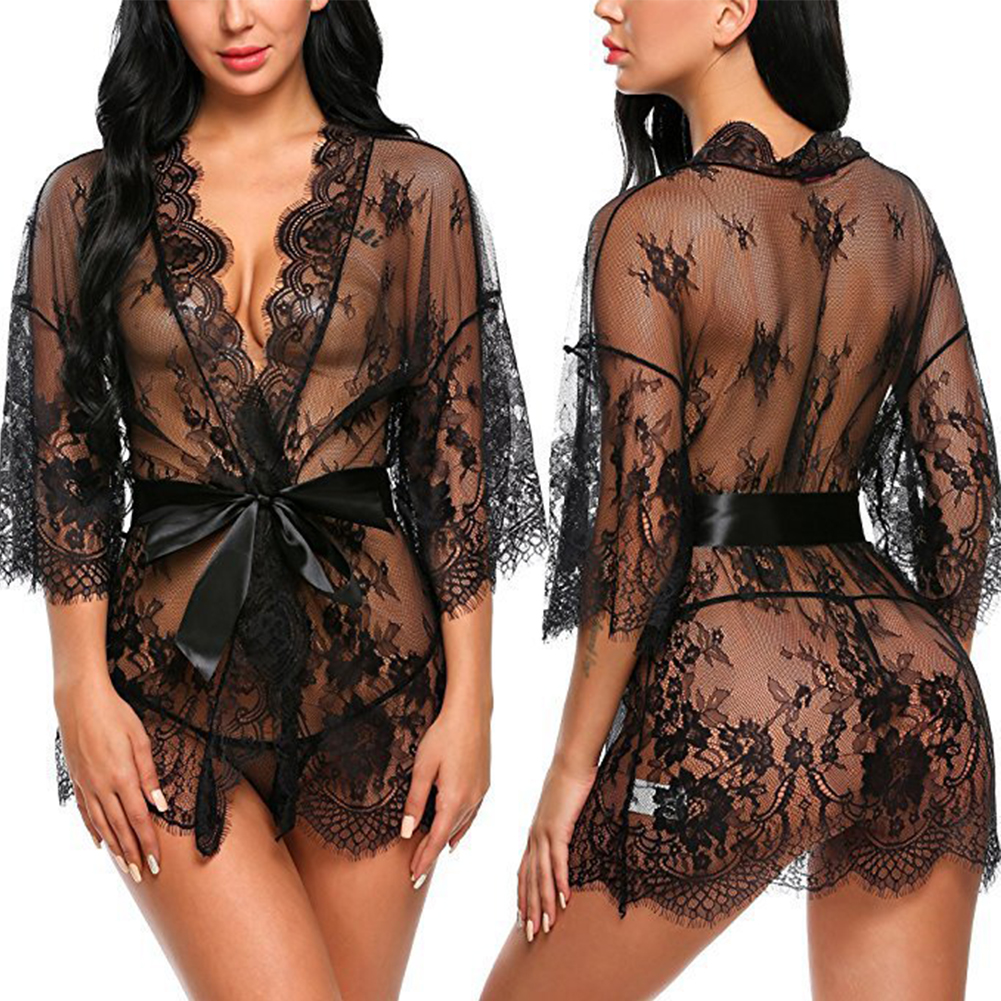 Lingerie sexy pour femmes, robe de nuit transparente en dentelle à col en V, babydoll, robe de nuit, string, costume kimono, vêtements de nuit