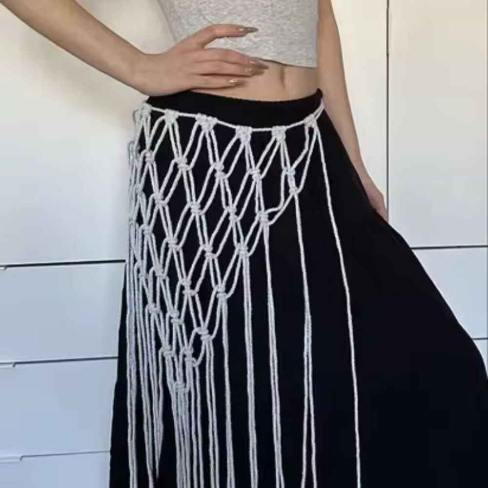 Foulard bohème à franges en filet, jupe mi-taille pour femme, style bikini, motif ethnique, ceinture à franges en maille, rideau décoratif pour les fesses