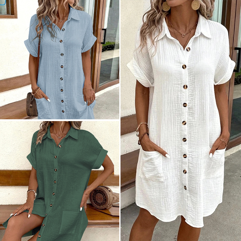 Robes amples en mousseline 100% coton pour femmes, manches courtes, boutons avec poches, décontractées, mode d'été, confortables, blanches