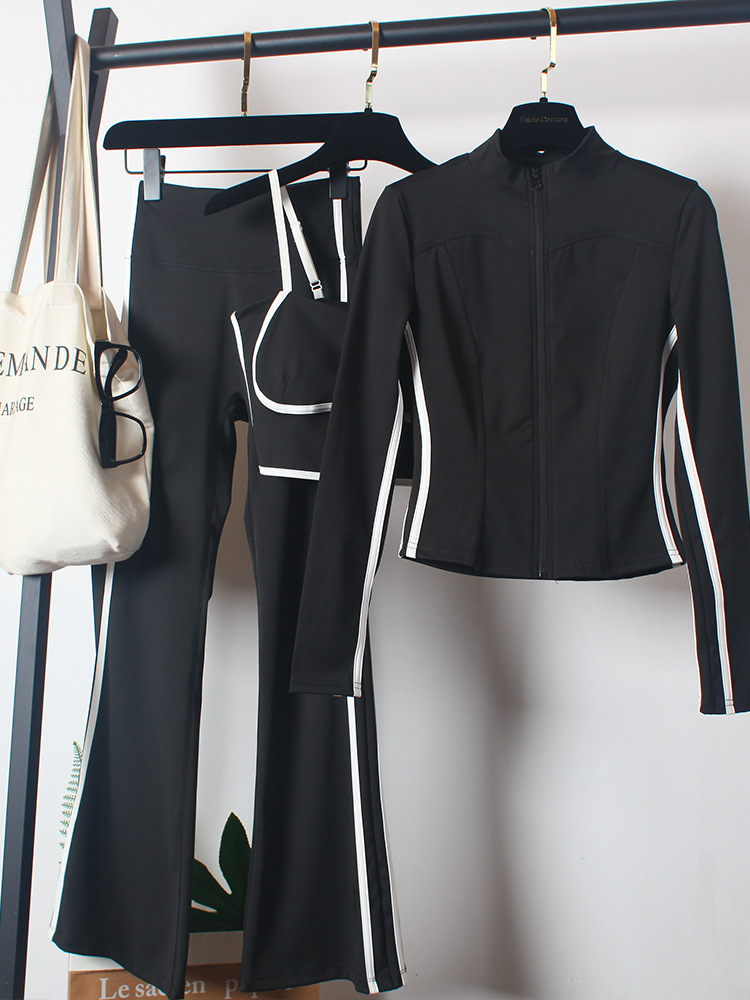 Ensemble de costumes de yoga 3 pièces pour femmes : Manteau de printemps, soutien-gorge et pantalon évasé taille haute – Tenues de danse et de course matinale pour femme