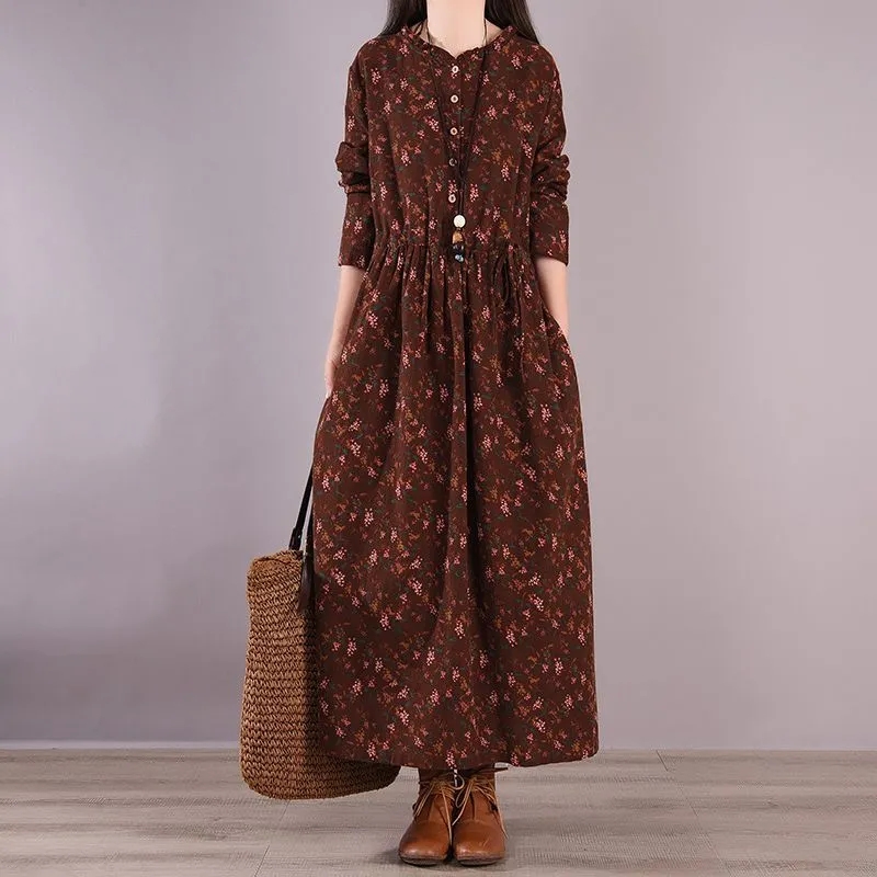 Robe en coton et lin pour femme, nouvelle collection printemps-automne 2026, taille ajustée, élégante, à fleurs, manches longues, vêtements pour femmes