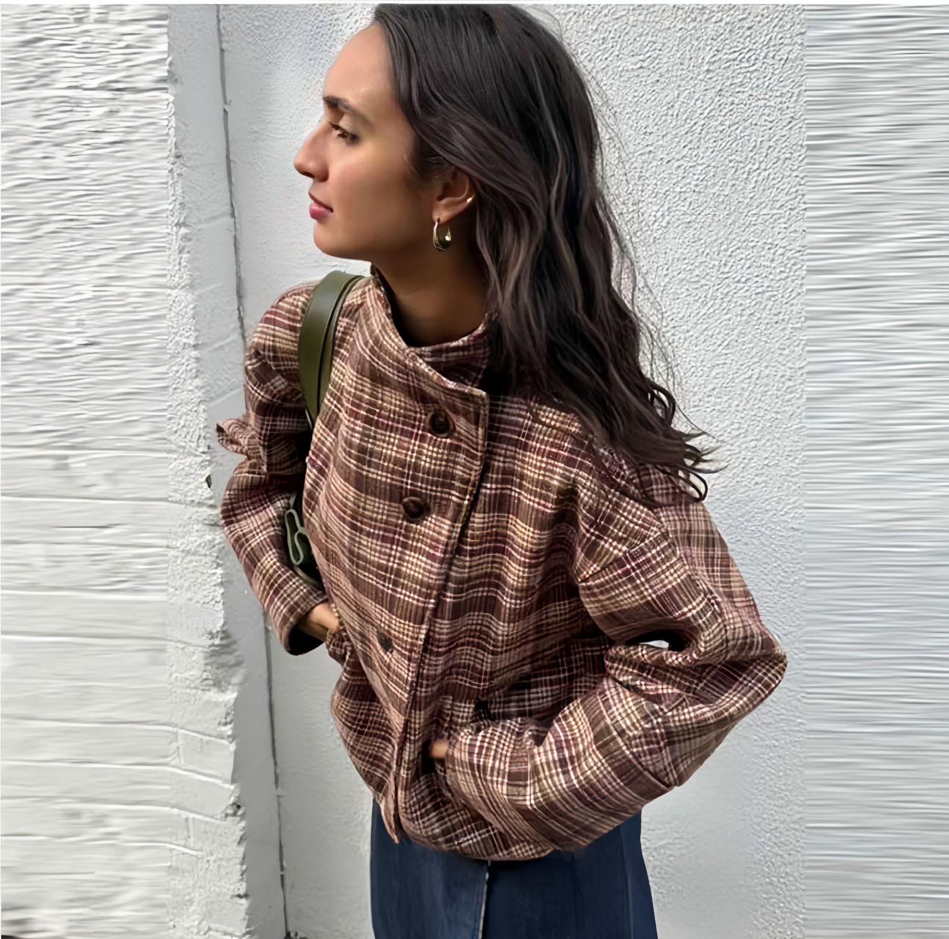 Manteau court à carreaux pour femmes, avec col montant et boutons, à la mode, nouvelle collection 2025