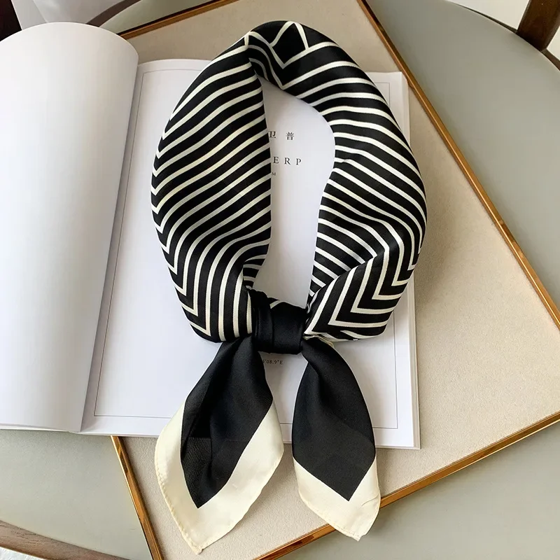 Foulard carré à carreaux en soie pour femmes, marque de luxe, Satin, cravate pour cheveux, bandeau de travail doux, nouvelle tête Hijab, 2024