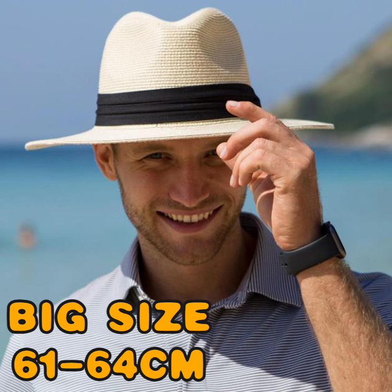 Chapeaux de soleil classiques d'été de grande taille 64cm pour hommes et femmes, Panama, chapeau de paille de plage à large bord pour Couple, grande tête, chapeau Fedora grande taille