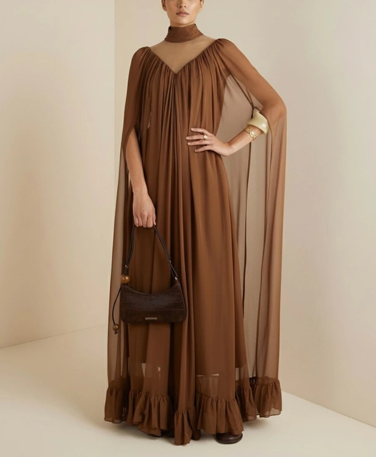 UOOZEE 2026 Nouvelle Robe de Soirée Formelle Élégante à Col Montant et Manches Cape pour Femme, Couleur Unie, Robe Longue de Cérémonie pour Invitée de Mariage, Demoiselle d'Honneur ou Fête
