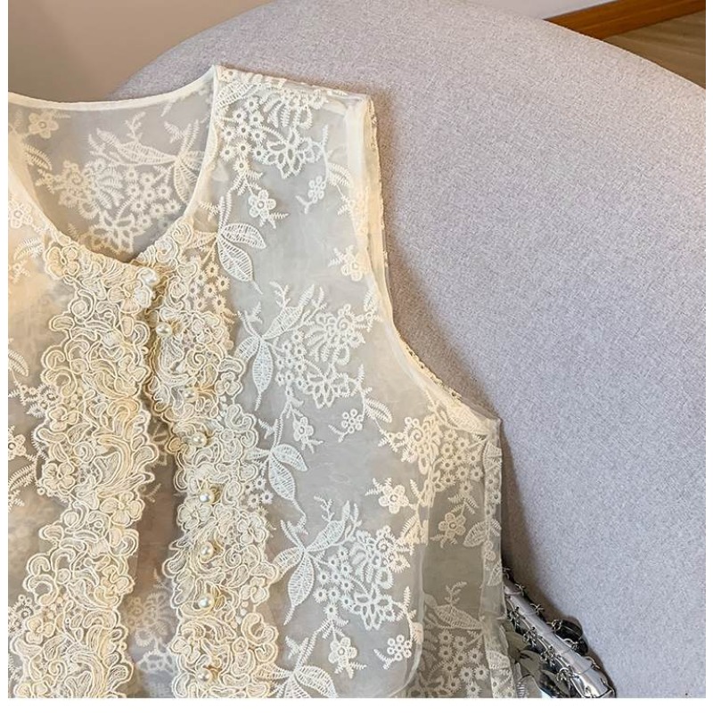 Gilet en dentelle beige pour femme, sans manches, col rond, à volants, boutonné, décontracté, transparent, vêtement d'extérieur