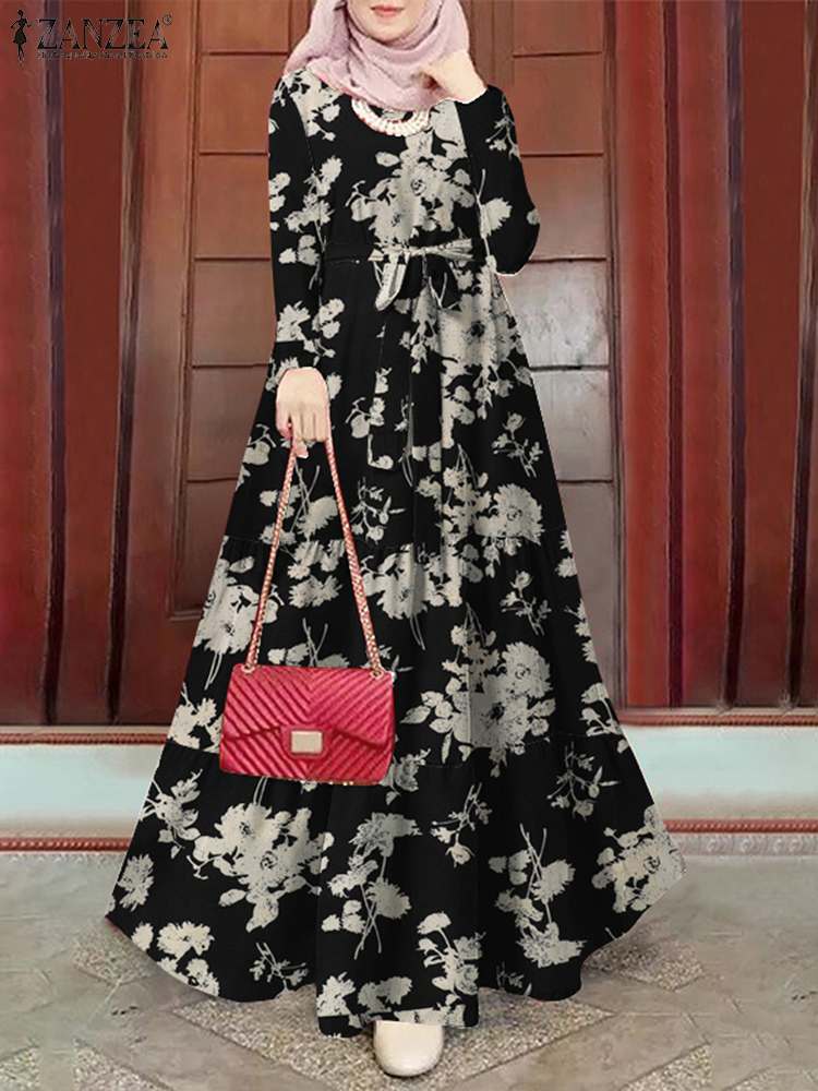 ZANZEA-Robe musulmane à imprimé floral, manches longues, ramadan, turquie, vintage, éducatif, vacances, maxi, caftan, islamique, abaya, printemps