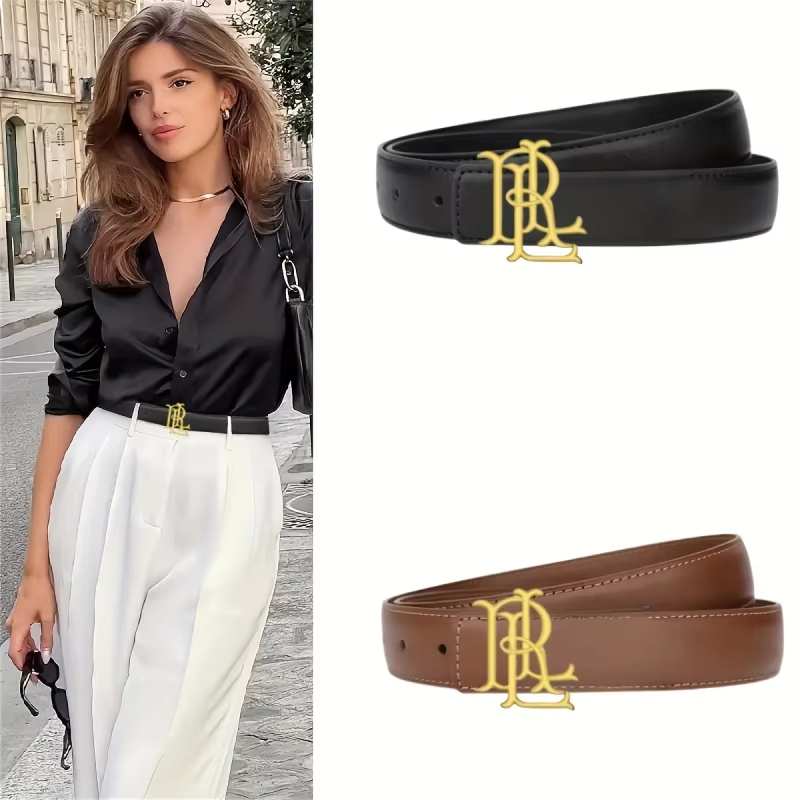Ceinture élégante pour femme 2026, ceinture de luxe marron et noire avec boucle dorée, pour tenues décontractées et formelles