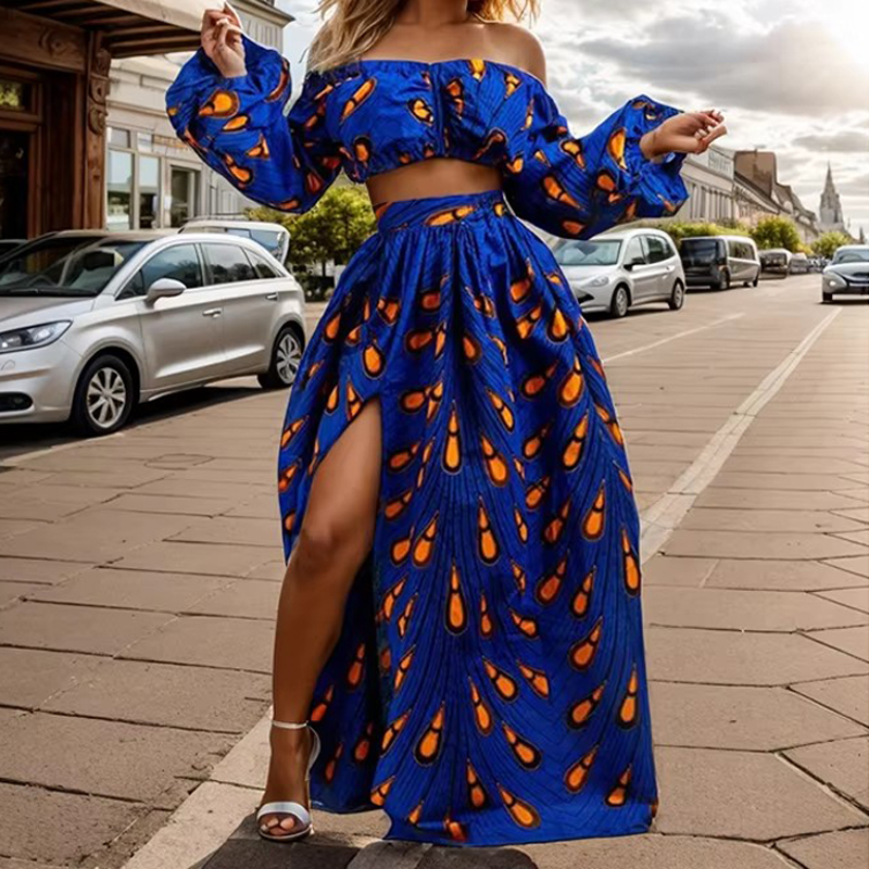 Jupe Maxi à Col Slash et Manches sulfpour Femme, Ensemble Deux Pièces, Mode Nationale Africaine, Sexy, Fente Haute, Vêtements Africains