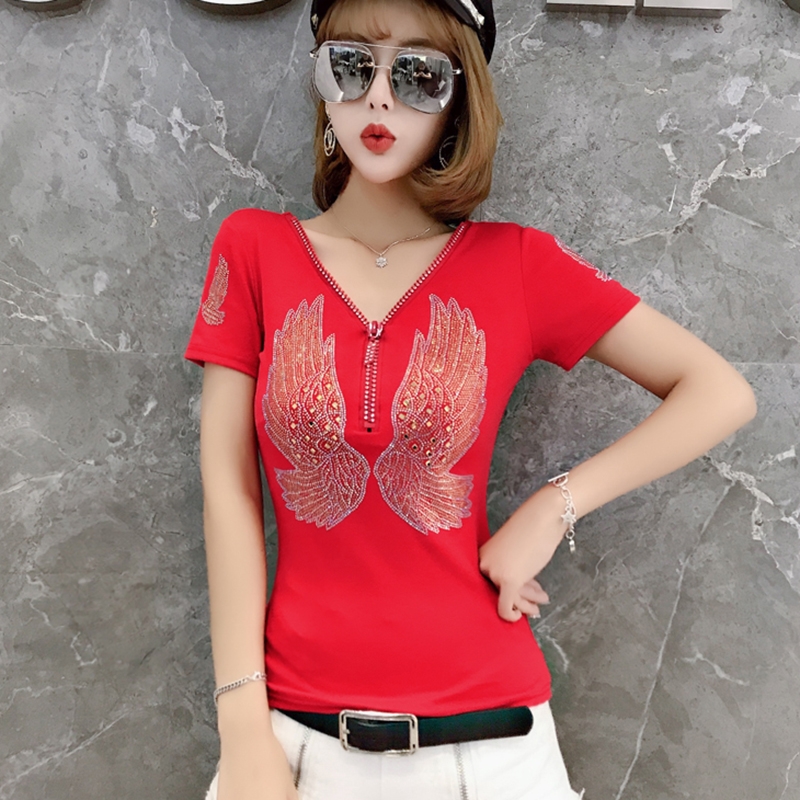 Mode femmes T-shirt pour l'été à manches courtes pulls vêtements décontracté esthétique couverture en coton Sexy col en V fermeture éclair diamants t-shirts