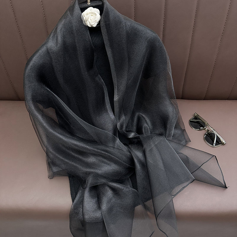 Écharpe en soie et laine, couleur unie, double couche, fine et brillante, grand châle, protection solaire, polyvalente, mode, long foulard pour femme