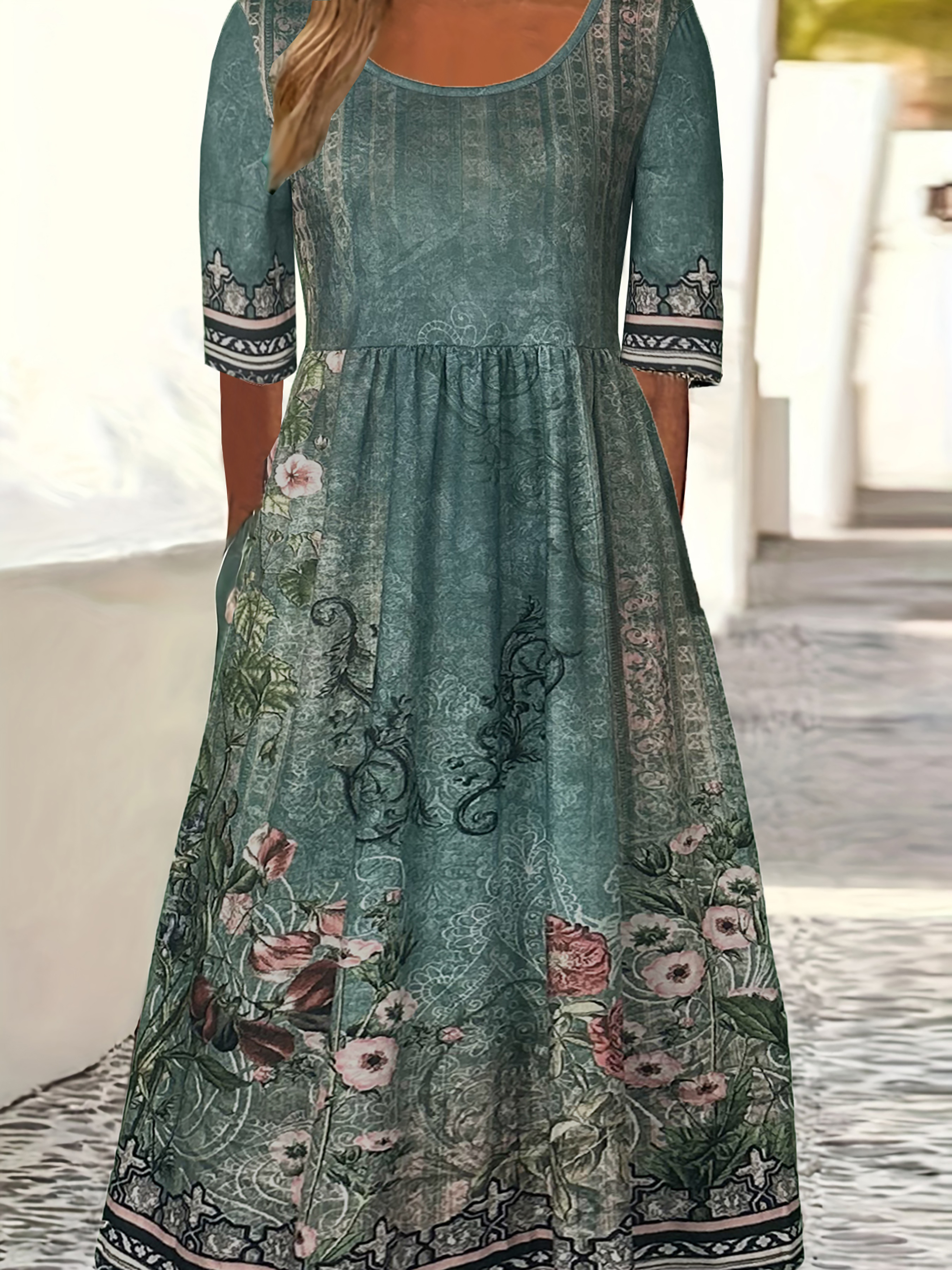 Robe longue style bohémien pour femmes, ample, mode imprimée, col rond, manches courtes, nouvelle collection été 2025