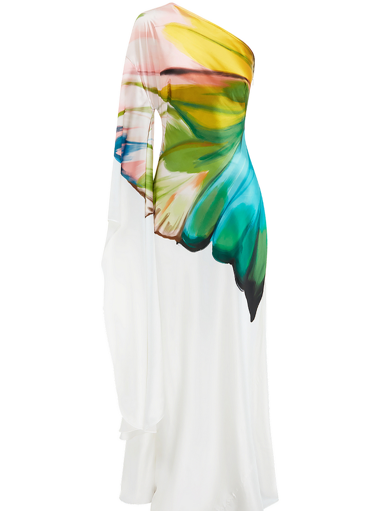 Femmes Robe élégante en Satin 2025 épaule Oblique Papillon imprimé Robe Maxi Robe d'été décontracté Vintage imprimé Robe longue ample