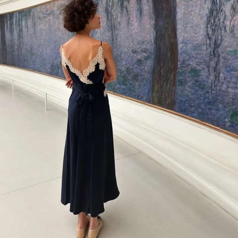 Robe d'été 100% soie 2026, nouvelle robe vintage à dentelle, robe mi-longue à bretelles pour femmes, robe de vacances