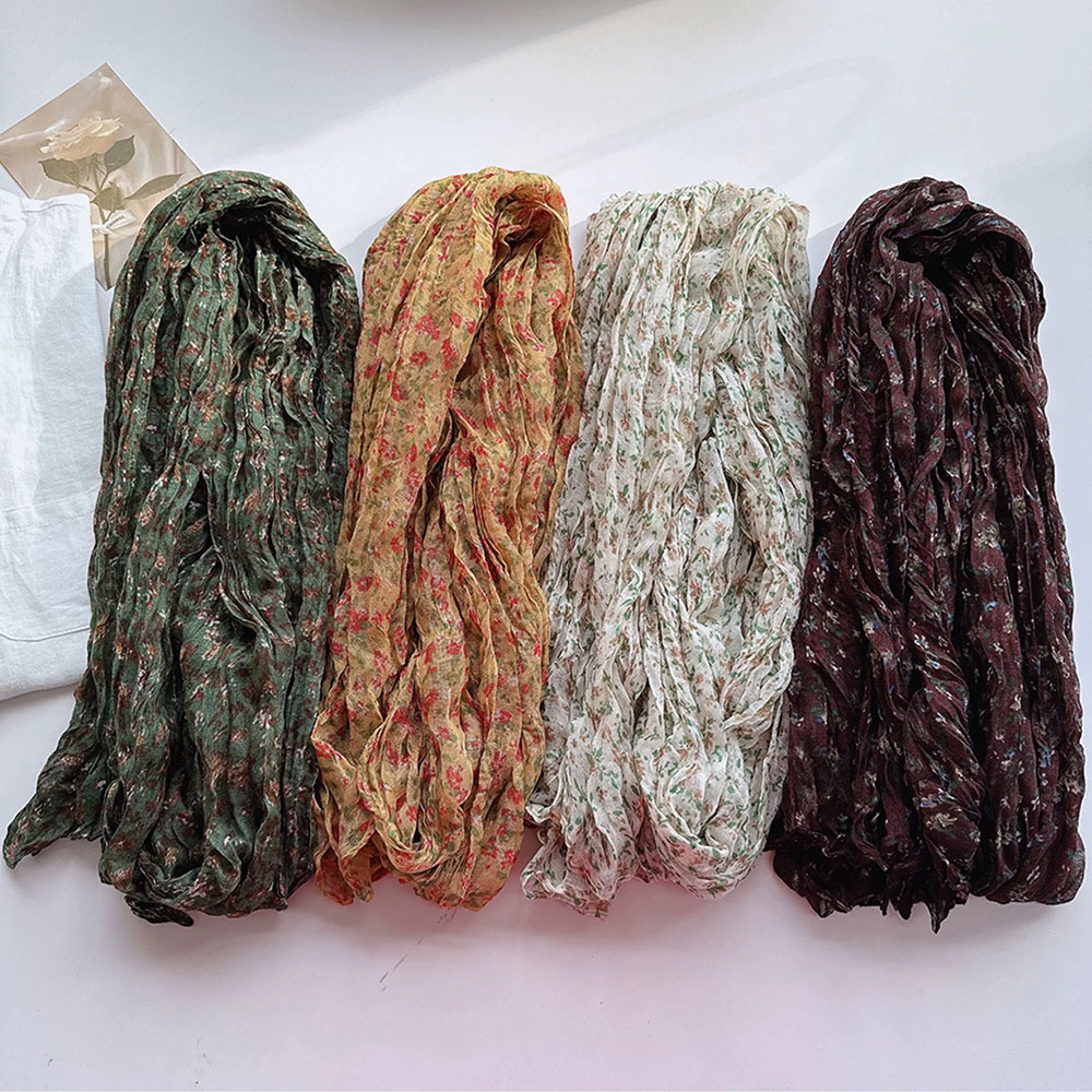 Écharpe florale en coton et lin, foulard quatre saisons, longue bande plissée, Hijab, décor élégant pour femmes, châle anti-rides naturel