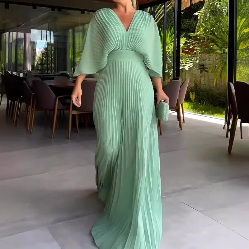 Robe taille haute à manches chauve-souris pour femmes, robe plissée décontractée, version coréenne, document solide, col en V, nouvelle mode, automne, éducatif, Y2k