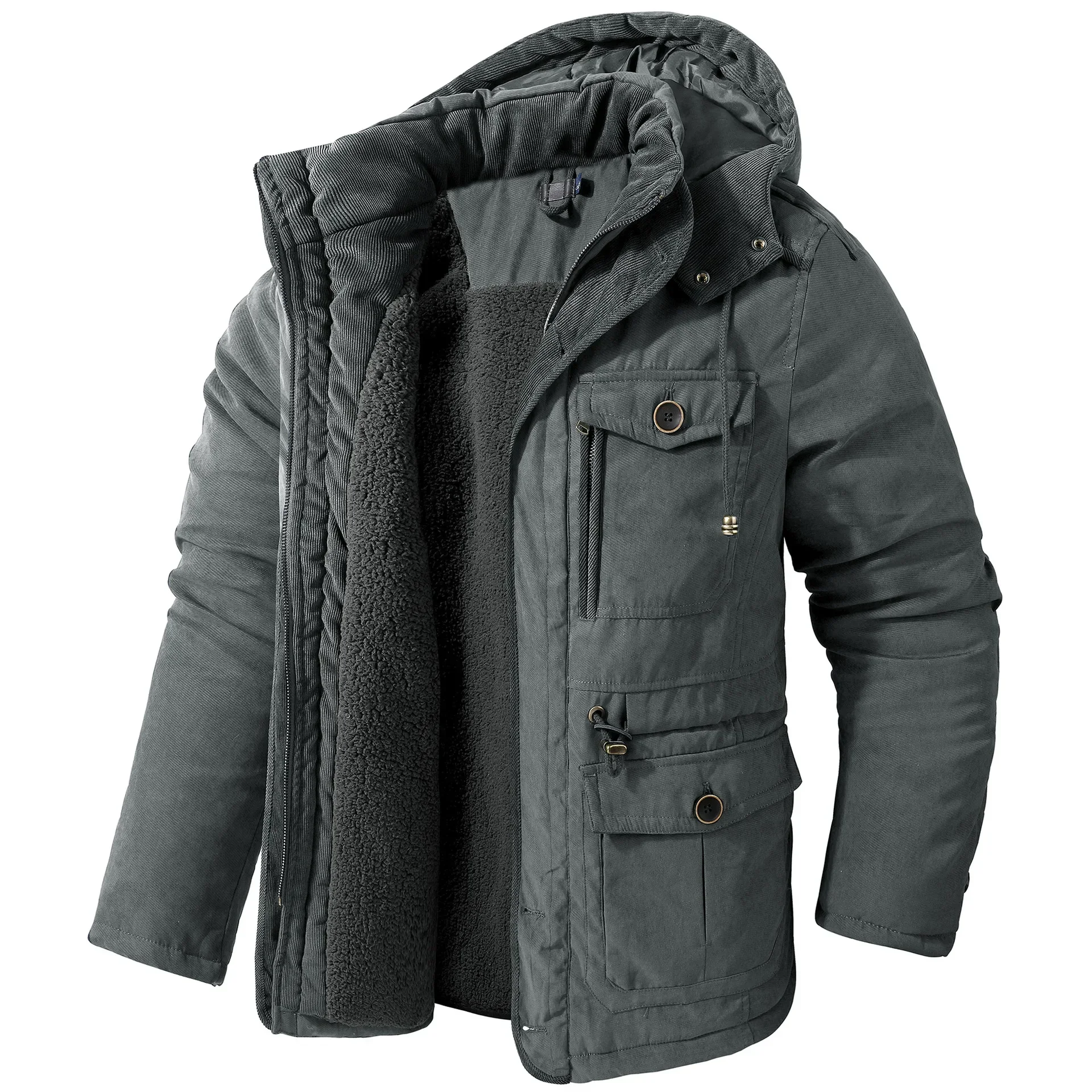 Veste pour hommes manteaux d'hiver taille américaine grande taille vestes en polaire d'agneau à capuche coton épaissi Multi poche décontracté manteau mi-long