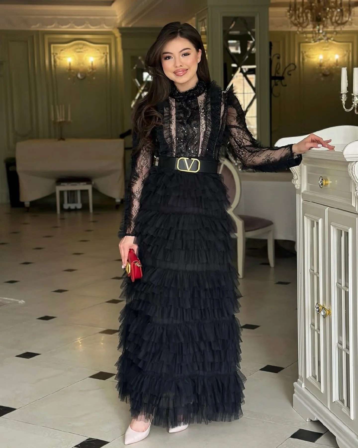 Robe de soirée longue en maille pour femmes, tenue à volants, col montant, manches longues, ligne A épissée, taille haute, pour mariage