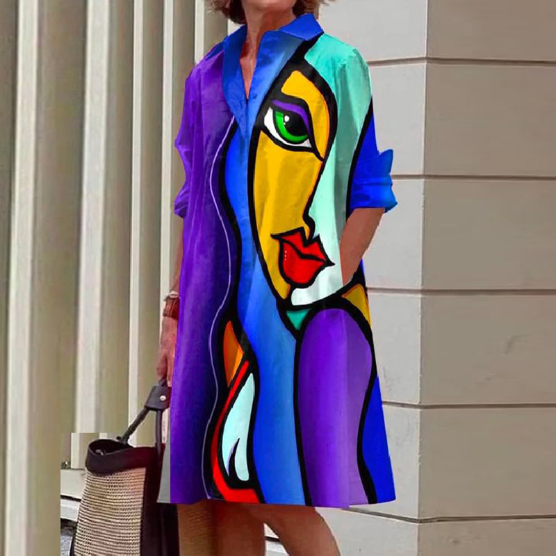 Robe chemise mi-longue à manches longues pour femmes, robe de soirée élégante, imprimé abstrait, mode automne
