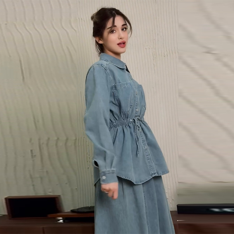 Denim 2 pièces ensembles femmes chemise musulmane manteau jupes tenues simple boutonnage col rabattu poches jupes longues surchemise costume