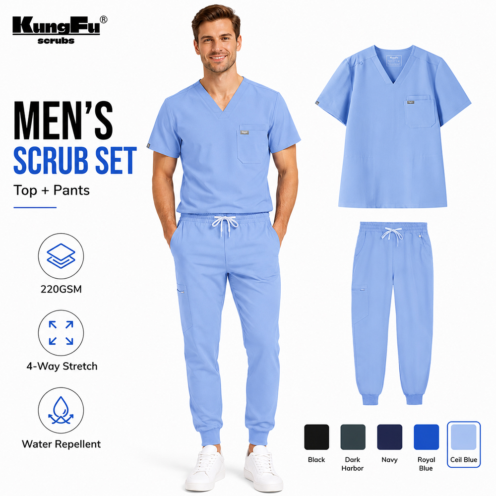 Tenue chirurgicale KUNGFU SCRUBS pour hommes – Ensemble de blouses et pantalons médicaux doux, confortables et antibactériens pour le personnel de santé