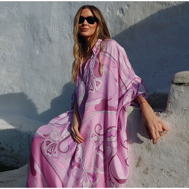 Robe longue surdimensionnée pour femmes, tenue de plage, vacances, Kaftan imprimé, Maxi, avec motif, coupe ample, manches longues, été
