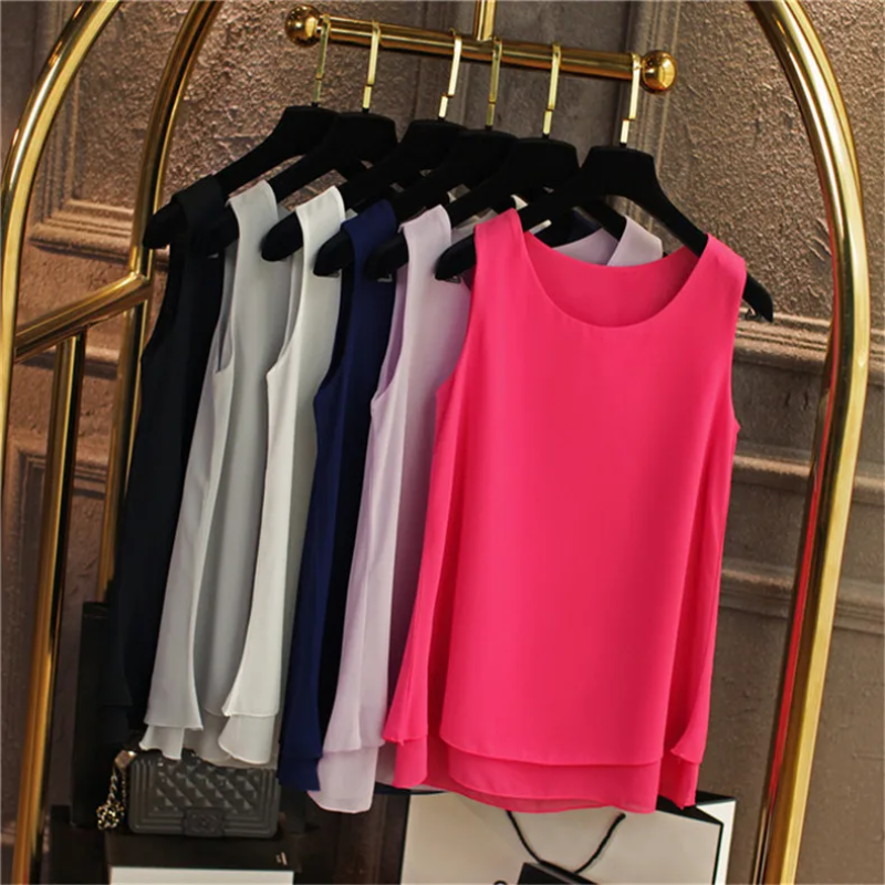 Débardeur Femme Blanc Bleu Rouge en Chiffon – Hauts d'Été Sans Manches Col Rond – Chemises et Gilets pour le Bureau – Vêtements Tendance Féminins