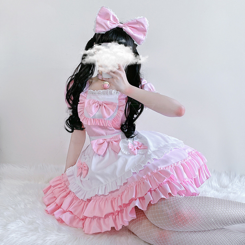 Costume de demoiselle d'honneur rose Sexy et mignon, robe de Cosplay, tablier, cloche ras du cou, Costume de Cosplay Anime pour femmes, uniforme de serveuse de café
