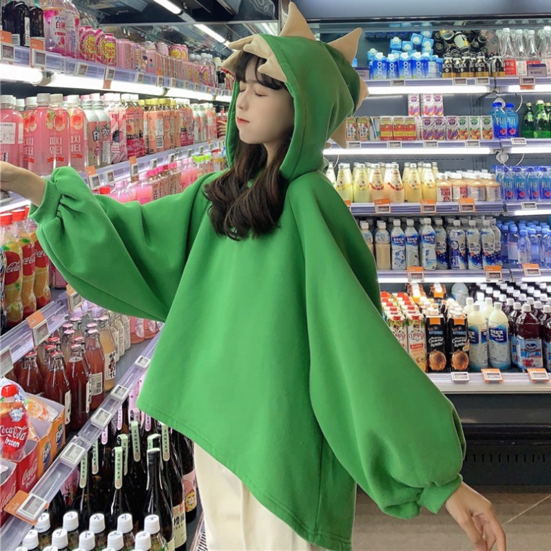 Automne femmes dessin animé corne de dinosaure casquette à capuche Harajuku sweats mignon avant court dos Long Halloween Dragon forme pulls