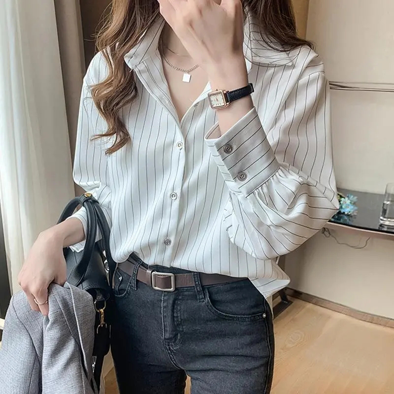 Chemise rayée pour femmes, Vintage, Chic, ample, manches longues, haut Y2K, bureau, mode dames, décontracté, col rabattu, chemisier assorti avec tout, été