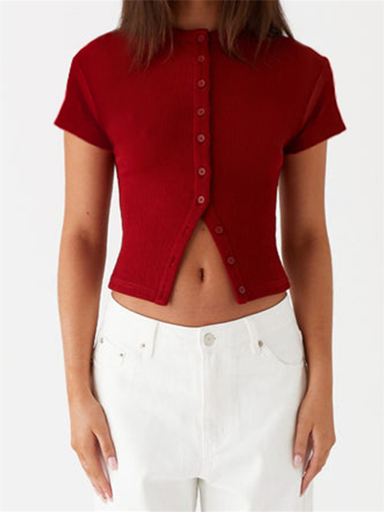 T-shirt décontracté à manches courtes pour femmes, chemise à boutons, chemise à col rond, chemise à documents monochrome