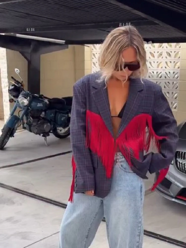 Blazer vintage à carreaux pour femme, tendance, avec empiècements contrastants rouges et franges, revers, manches longues, coupe oversize, chic, décontracté, streetwear