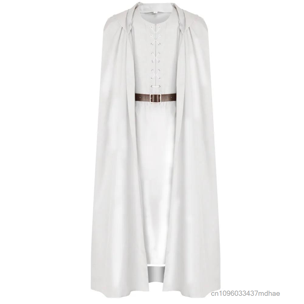 Robe de chevalier médiévale blanche à capuche pour homme, costume de tunique de chevalier de la Renaissance avec ceinture, tenue de cosplay de sorcier, déguisement de fête