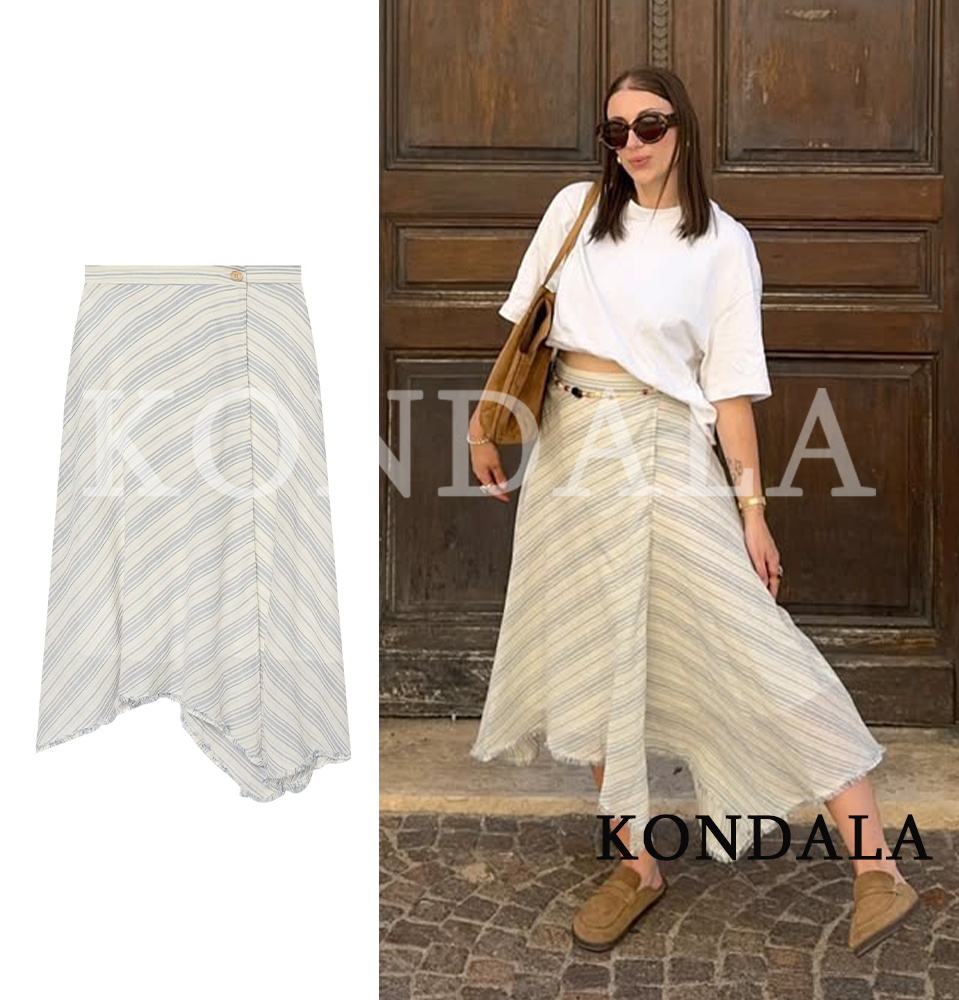 Jupe midi rayée élégante et décontractée KONDALA pour femme – Collection été 2026 – Tendance vacances – Ourlet brut – Simple, polyvalente et asymétrique
