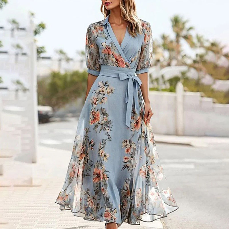 Robe imprimée élégante pour femmes, mode, manches courtes, col en V, taille haute, à lacets, robes amples, décontractées, vêtements de bureau et de vacances