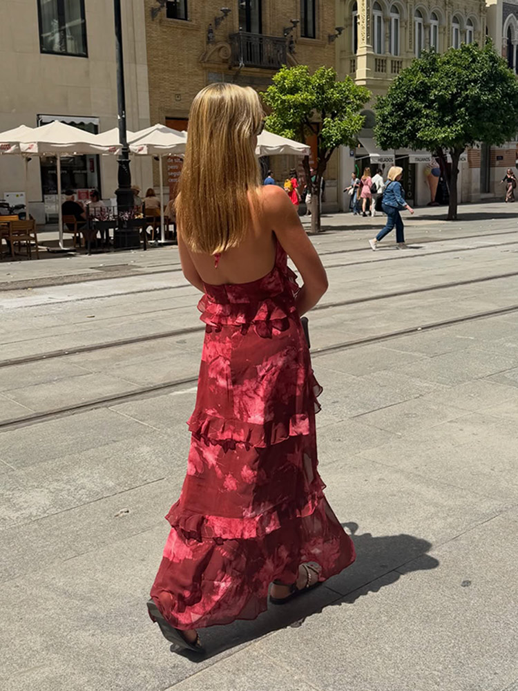 Robe Sexy Imprimée à Volants pour Femme, Col Halter, Découpes, Sans Manches, Dos Nu, Coupe Droite, Robes de Plage pour Vacances d'Été 2026