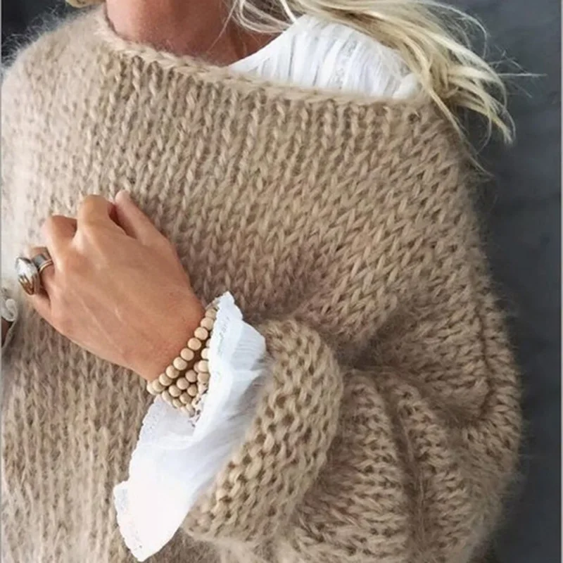 Mohair-Pull moelleux à manches longues lanterne pour femmes, pull en tricot streetwear, pull respirant, vêtements pour femmes