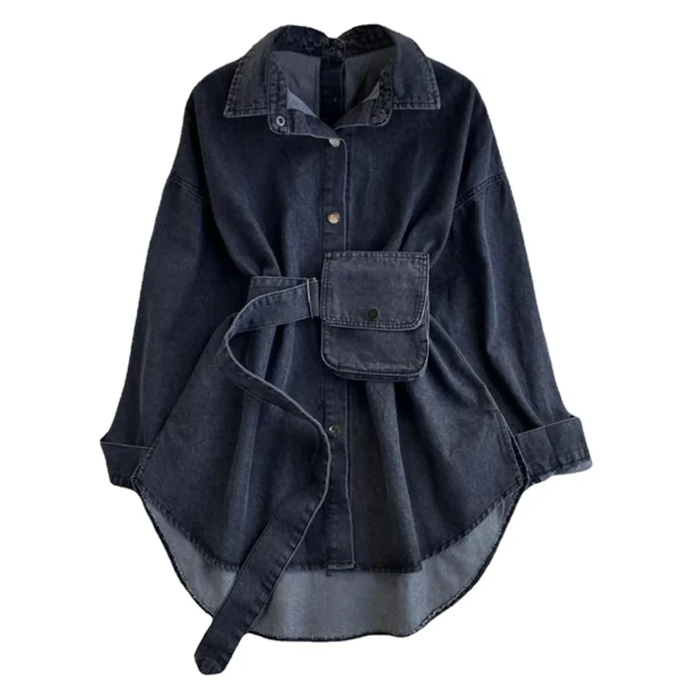 Chemises en jean pour femmes, chemisier lavé, vêtements d'extérieur, vestes, sangle, sac de taille, revers, simple boutonnage, Streetwear, surchemise, 2025