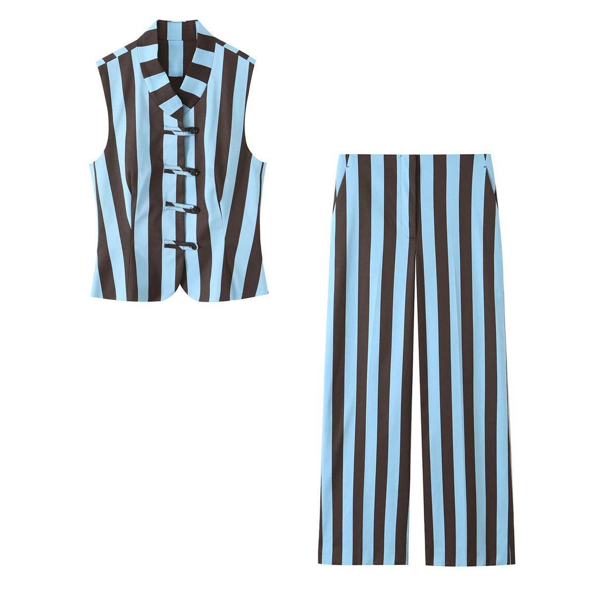 KONDALA Mode Été 2026 – Ensemble Décontracté Rayé pour Femme : Gilet Droit à Nœuds + Pantalon Long à Poches Zippées – Tenue Chic Vintage pour Femme