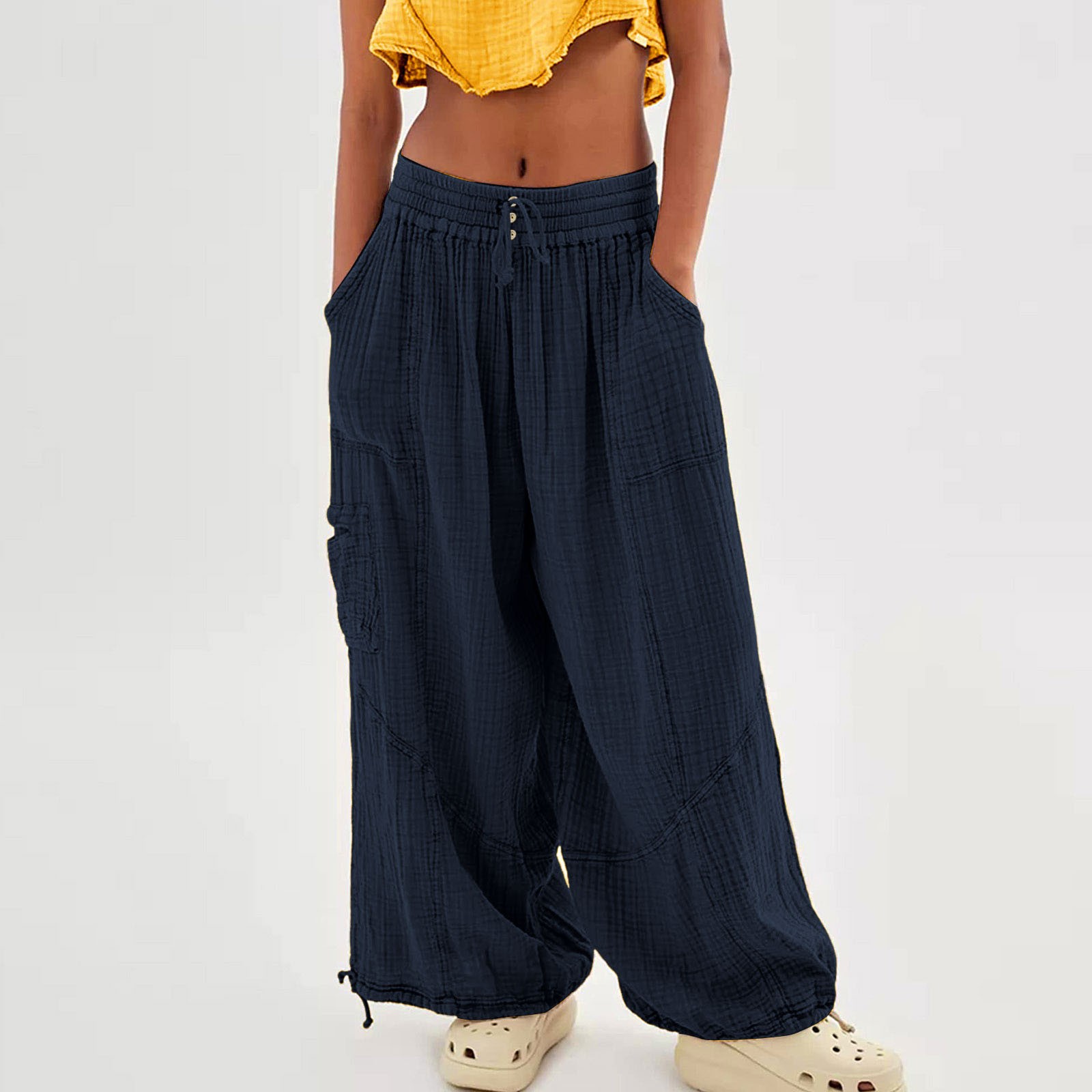 Pantalon de Plage en Lin pour Femme, Sarouel à Jambes Larges, Taille Haute, lèvent de Proximité, Wstring, Grande Taille avec Poche