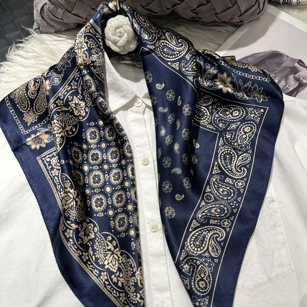 Foulard carré rétro en soie bleu marine, foulard pour femmes et hommes, Design Plaisley élégant, 100% foulards carrés en soie, foulards de cou 65cm x 65cm