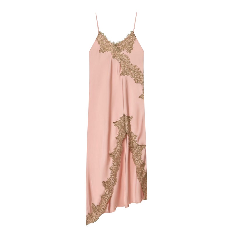 Robe midi en satin et dentelle pour femme, asymétrique, longue, sexy, dos nu, pour l'été, avec bretelles, pour les soirées