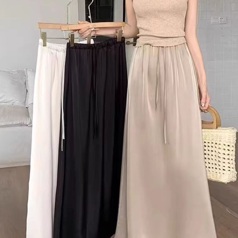 Jupe longue décontractée taille haute en satin pour femme, coupe ample trapèze Y2K, style vintage en soie noire ou blanche, longueur midi, Harajuku