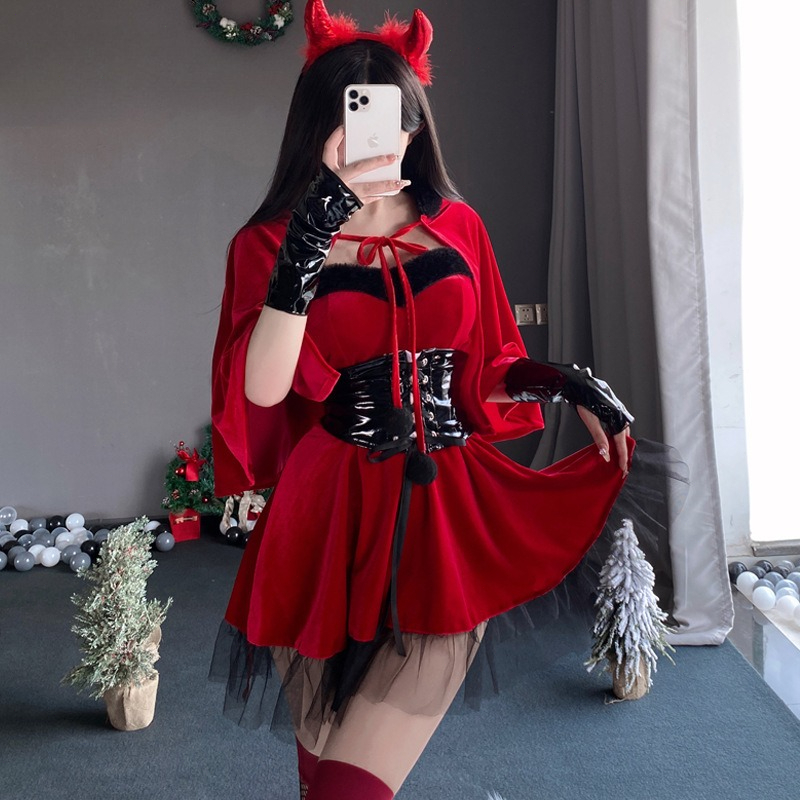 Costume de démon pour femme, robe en velours rouge, cape, ceinture, tenue de fête cosplay pour Halloween