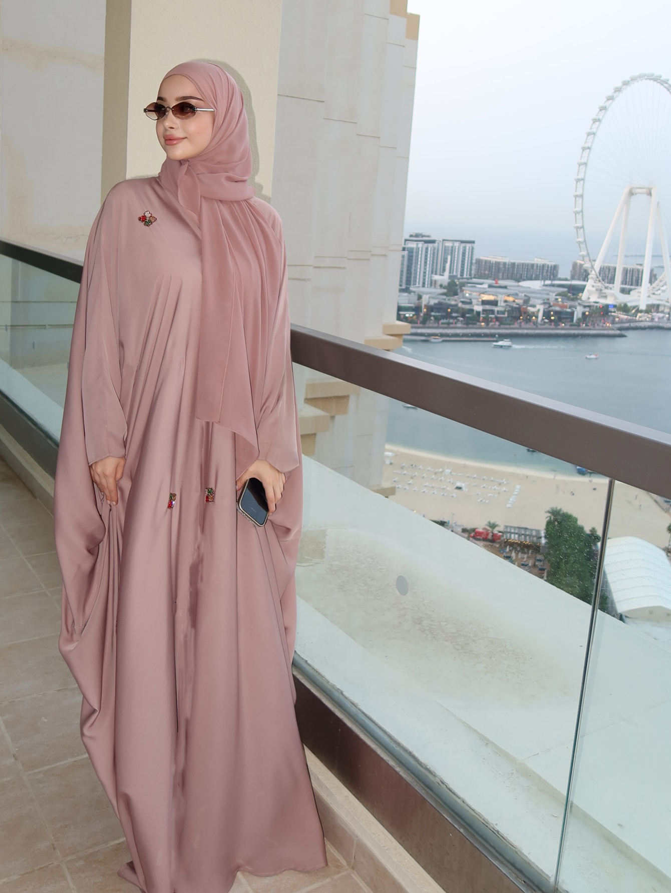 Vêtements islamiques élégants pour femmes, robe rose brodée, abaya arabe à manches chauve-souris amples