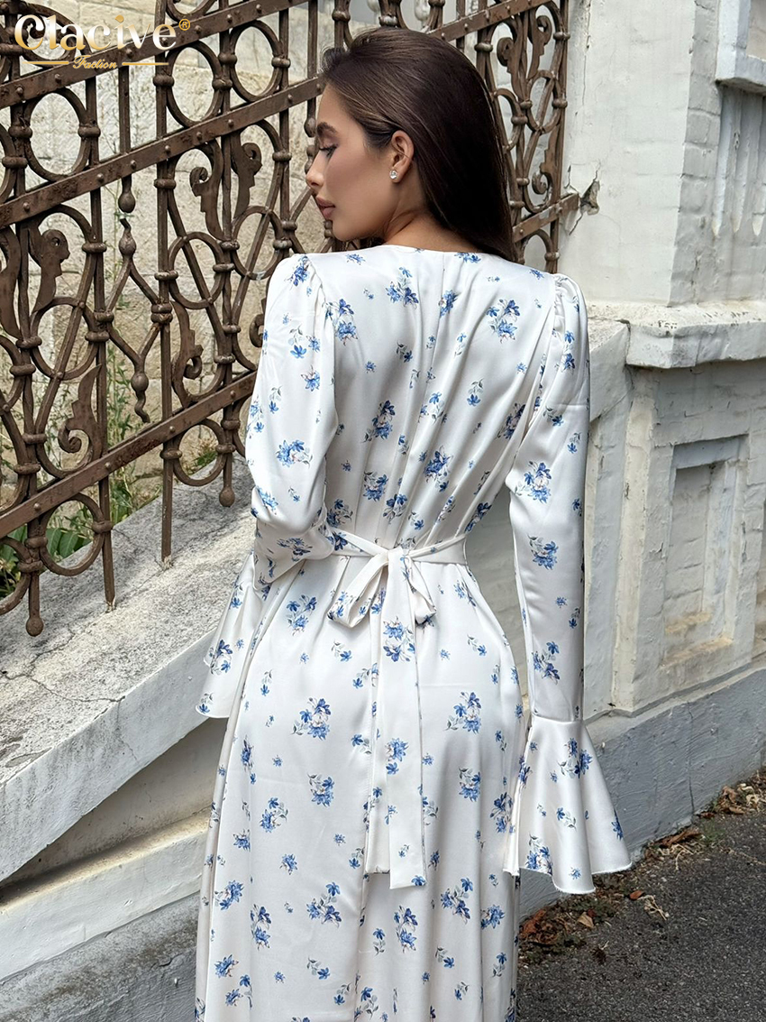 Clacive – robe ample imprimée pour femmes, col en v, manches longues, longueur cheville, élégante, taille haute, printemps, 2026