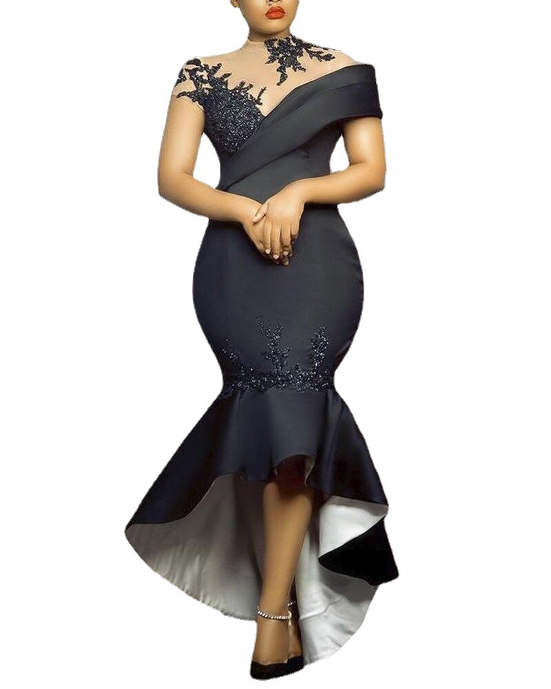 Robe longue noire sexy mode femme nouvelle vente chaude de la saison robe moulante fibre de polyester taille haute manches courtes ronde N...