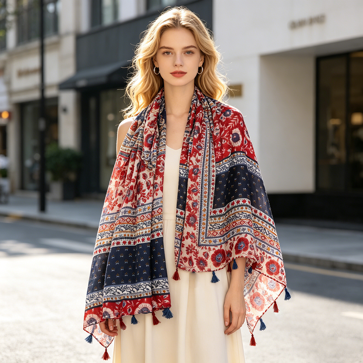 Écharpe bohème à imprimé floral pour femmes avec pompons, châle ethnique léger, 180x88cm, foulard tendance pour tenues décontractées quotidiennes