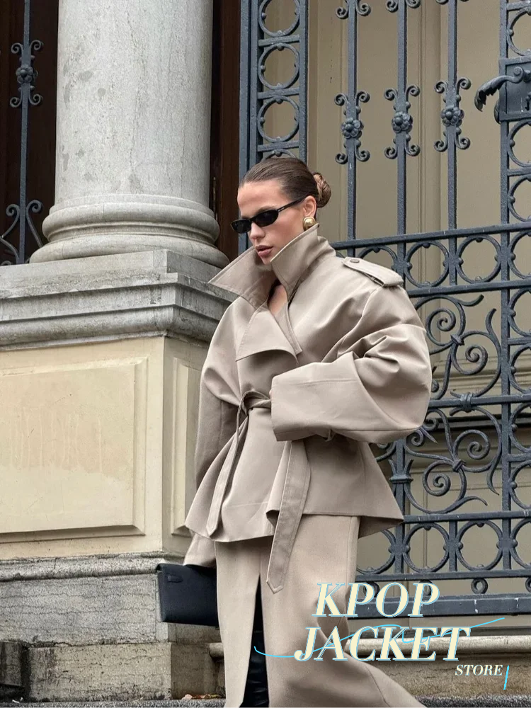 Élégant solide à lacets pardessus femmes Chic à manches longues revers col bouton manteau ample automne femme rue nouveau surdimensionné vêtements d'extérieur