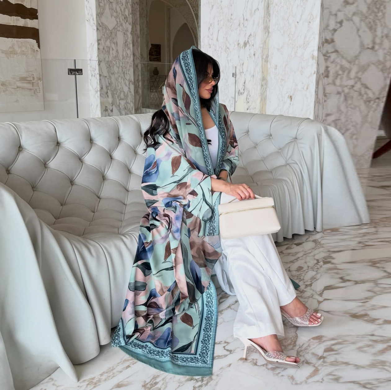 Ensemble 2 pièces Abaya Hijab imprimé pour femme, Robe Cardigan Khimar, Abayas musulmanes, Caftan, Jalabiya, style Maroc Dubaï, pour l'Aïd et le Ramadan